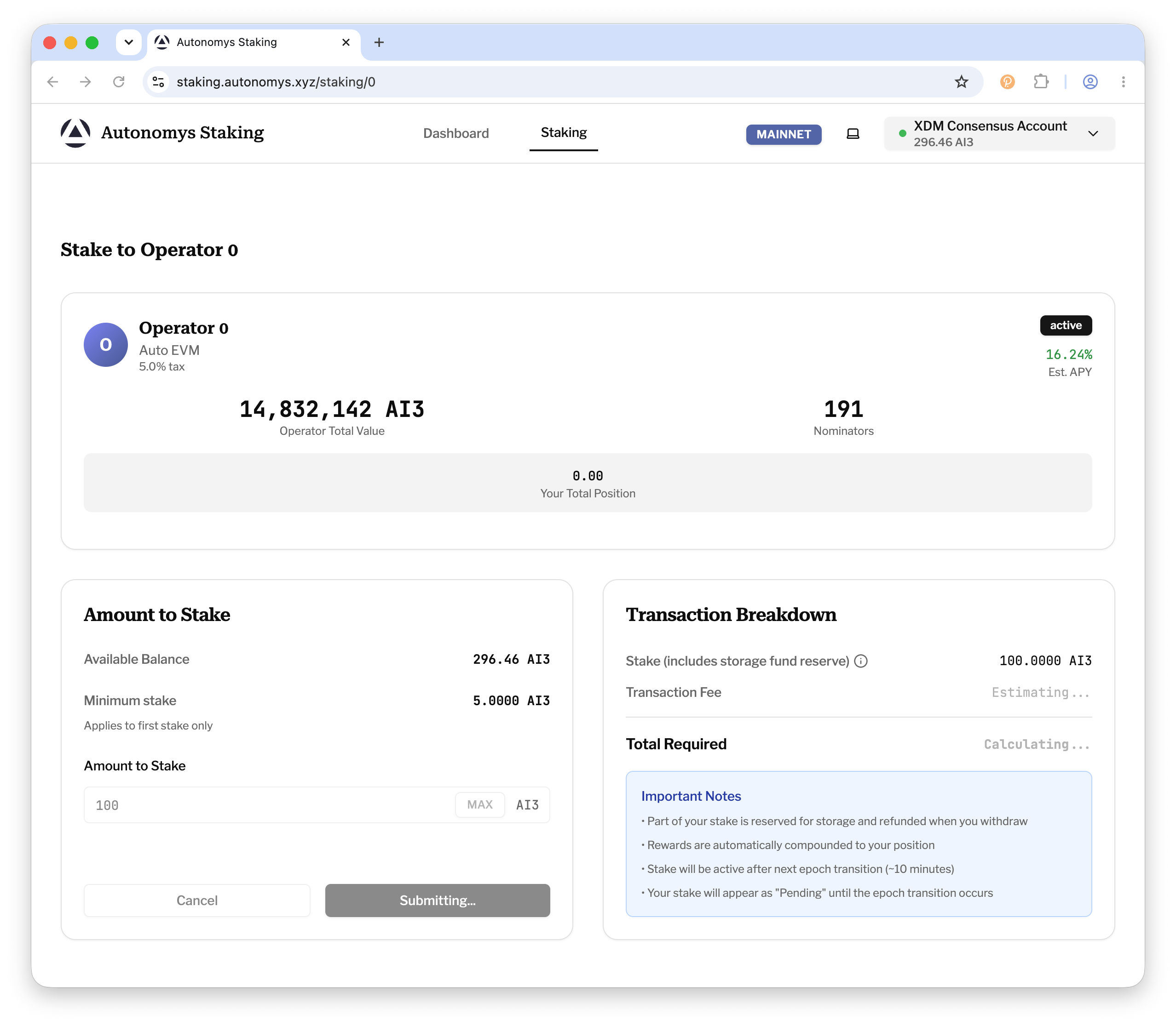 Sign the staking transaction