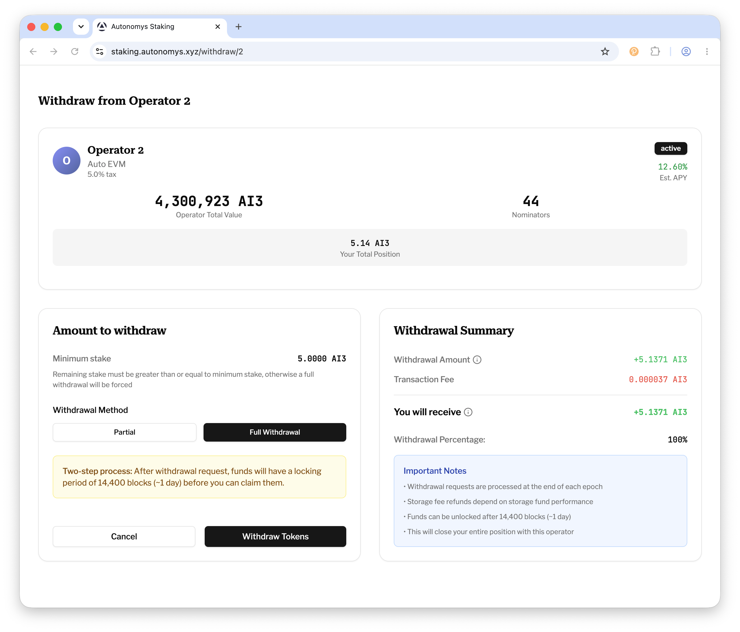 Withdrawal summary